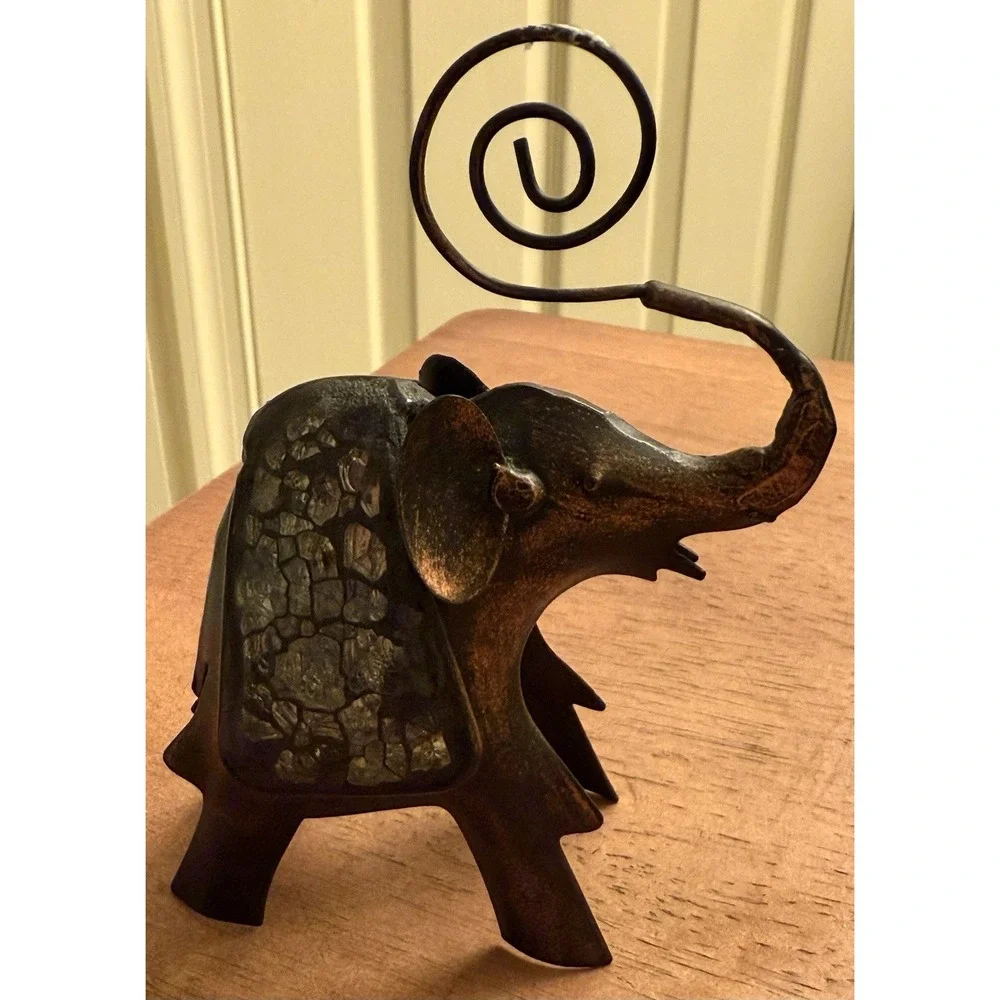 Vintage Metal Elephant With Glass Picture‎ Holder Note Card Photo Ornate Animal